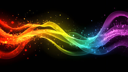 Poster - Flowing abstract rainbow waves dance across a black background, creating a vibrant display of colorful sparkles and glitters