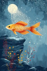 Poster - An artistic depiction of a goldfish swimming in a serene underwater scene under a moonlit sky.