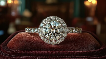 Poster - exquisite diamond ring placed beautifully on luxurious red velvet fabric background
