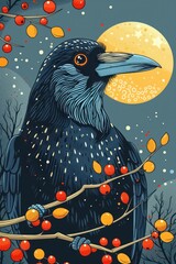 Aufkleber - A stylized illustration of a raven surrounded by berries and a moonlit background.