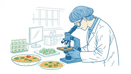Poster - food science technology concept, Scientist examining food samples under microscope in laboratory setting