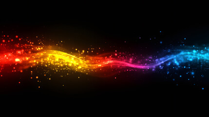 Poster - Luminous color wave surging across dark backdrop, sparkling particles dancing, generating energetic visual movement