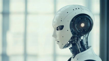 Aufkleber - Humanoid robot gazing through glass wall, advanced AI technology workspace scene