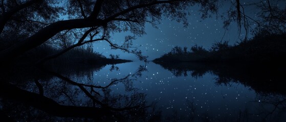 Wall Mural - Under a starry sky, a serene river reflects countless stars, creating a mystical, tranquil landscape infused with night magic.