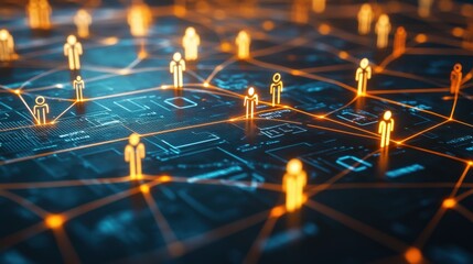 Poster - Digital network visualization with glowing figures representing people connected in a city grid