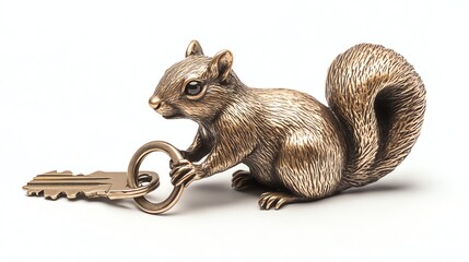 Squirrel figurine holding a key, detailed bronze finish, white isolated background.