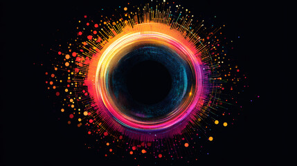 Fototapete - Bright swirling colorful abstract portal with particles exploding on dark background representing speed, technology and innovation