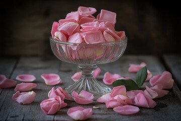 Wall Mural - Colorful edible flowers, including rose petals, artistically arranged in glass bowl, perfect for creating delightful candies with rose petals and pistachios. Concept features edible flowers