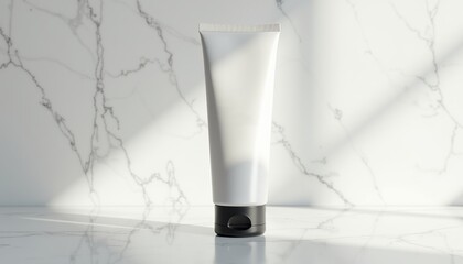 Poster - Conditioner tube mockup with sleek matte white tube and minimalist black typography, placed on a clean marble surface, soft diffused lighting, modern and elegant branding