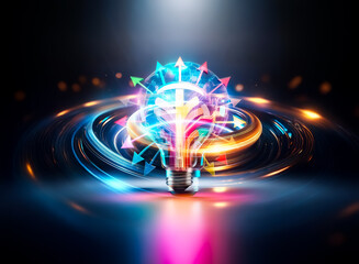 Leinwandbilder - A glowing lightbulb filled with intricate neon circuits illuminates the dark. The vibrant pink, blue, and orange lines suggest a futuristic technology concept, representing ideas and innovation.