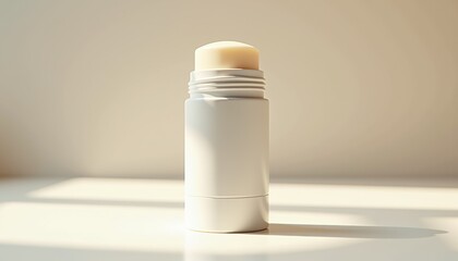 Poster - Close-up of deodorant stick in modern container on light surface with soft shadows and minimalist look
