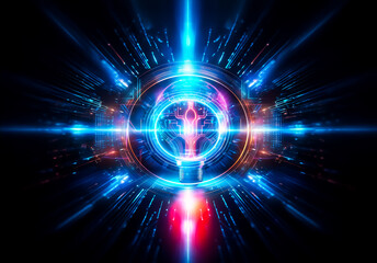 Poster - A vibrant neon lightbulb with a circuit board design glows against a dark backdrop, casting a colorful reflection.  Illuminated technology represents innovation and bright ideas.