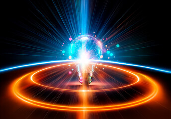 Leinwandbilder - A glowing light bulb illuminates the darkness, surrounded by vibrant, colorful particles. It represents a bright idea and innovation in a digital space.