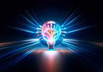 Poster - A lightbulb with vibrant, rainbow arrows emerging outwards against a dark backdrop. It represents ideas, creativity, and multiple directions.