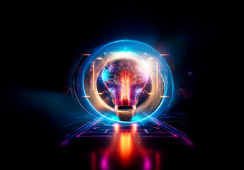 Fototapete - Glowing light bulb with circuit board design inside, bright neon colors illuminate a dark scene. Reflective surface below adds a futuristic tech feel.