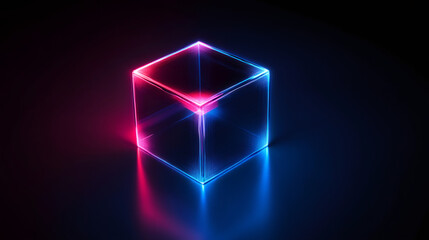 Leinwandbilder - Bright neon cube glowing with blue and red light illuminating dark space with reflections, creating futuristic concept