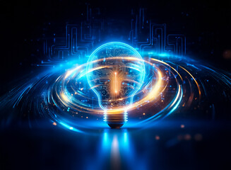Aufkleber - A glowing lightbulb, its interior a complex circuit board, illuminates against a dark background of digital circuitry.  This symbolizes innovation and technological advancement.