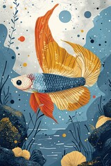 Poster - A vibrant illustration of a goldfish swimming amidst a whimsical underwater scene.