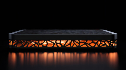 Aufkleber - Futuristic pedestal with orange lights illuminating a dark environment, perfect for showcasing products or creating a modern atmosphere