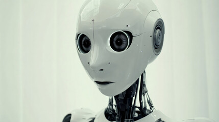 Aufkleber - Close-up of a humanoid robot showing artificial intelligence and futuristic technology, in a white background