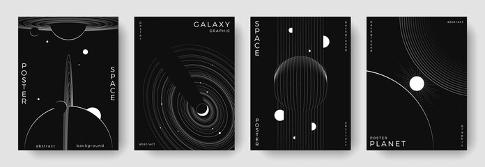 Set of abstract space astronomy backgrounds. Line art galaxy, universe, planet, solar system. Science future concept. Cosmic minimalist design for cover, poster, layout, banner, flyer, brochure