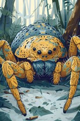 Poster - A stylized illustration of a large, colorful spider in a dense, green environment.