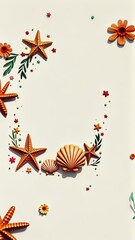 Poster - A white background with a frame of stars and shells. There are three shells and three stars