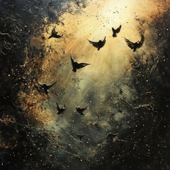 Aufkleber - Ascension of Birds: A Journey Through Darkness to Light, A Symphony of Flight and Hope in Abstract Form