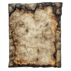 Aufkleber - Burnt and Cracked Parchment: Close-up of Aged and Damaged Paper with Charred Edges, Textural Details, and Crack Patterns on White Backdrop