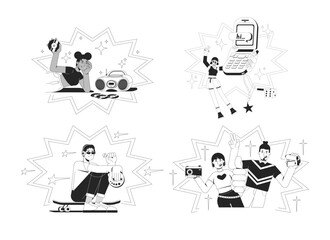Poster - 2000s retro pop culture and y2k trends black and white 2D concepts set. CD boombox. Flip phone girl. Skater boy. Camera camcorder outline illustration characters isolated. Metaphors monochrome vector