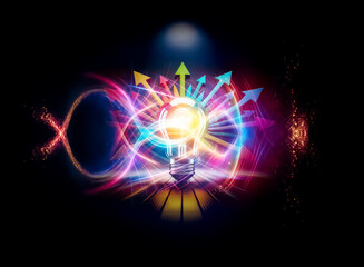 Poster - Bright light bulb emitting glow, surrounded by radiating colorful arrows on a reflective surface, symbolizing ideas and direction.