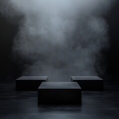 Aufkleber - Dark Stage Presentation: Modern Black Cube Platforms with Atmospheric Mist for Product Showcase and Display
