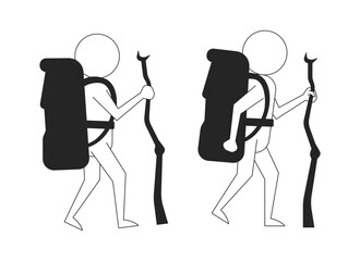Poster - stick figures hikers with backpacks and walking sticks black and white 2d line characters set. trekk