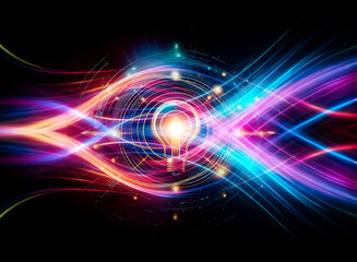 Aufkleber - Illuminated light bulb at the core of a glowing circular tech design. Beams of blue and orange light radiate outward. Symbolizes bright ideas and innovation.