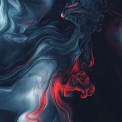 Aufkleber - Dramatic Ink: A Swirling Abstract of Blue-Gray Hues Intertwined with Vivid Red Accents on a Dark Canvas
