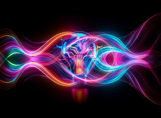 Aufkleber - A luminous light bulb filled with vibrant, colorful lines illuminates against a stark black backdrop, evoking a sense of futuristic innovation and bright ideas.