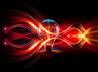 Poster - A glowing light bulb, its interior a mesmerizing circuit board, symbolizes innovation and technological advancement.  The warm light casts a reflective glow on the dark surface below.