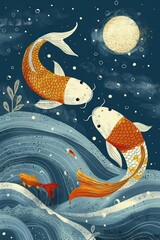 Poster - Two koi fish swim gracefully in stylized waves under a moonlit sky.