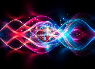 Poster - A glowing light bulb is at the center, surrounded by circles and lines of light, creating a futuristic and technological abstract image.