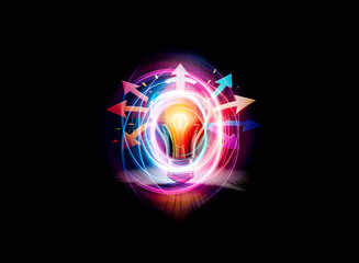 Poster - A vibrant light bulb radiates colorful arrows, symbolizing bright ideas and innovative directions against a shadowy backdrop.