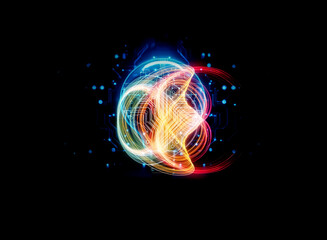 Aufkleber - A glowing lightbulb, its filament replaced by intricate circuitry, sits on a dark, reflective surface amidst a vibrant, digital backdrop.  This symbolizes innovation and technological advancement.
