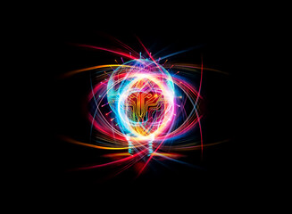 Aufkleber - Glowing light bulb with vibrant circuit patterns illuminates against a dark backdrop.  A digital representation of bright ideas and technological innovation.