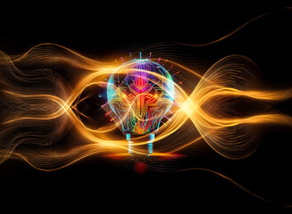 Aufkleber - Glowing light bulb with vibrant circuit patterns illuminates against a dark backdrop.  A digital representation of bright ideas and technological innovation.