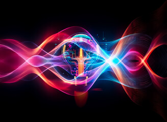Poster - Futuristic lightbulb with vibrant, glowing circuit patterns inside. Neon colors illuminate the bulb, suggesting innovation and digital technology concept.