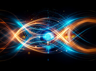 Poster - A bright lightbulb emanates from a technological, circular design with vibrant blue and orange lights, set against a dark backdrop.