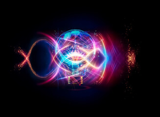 Aufkleber - A vibrant light bulb emits a bright neon glow against a dark backdrop.  Colorful and energetic, it suggests innovation and futuristic technology.