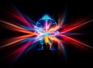 Poster - A glowing light bulb made of interconnected circuits illuminates the darkness.  Bright, colorful lights pulse within the bulb, suggesting innovation and technology.