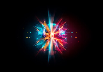 Poster - Illuminated light bulb with vibrant circuits and sparkling particles on black backdrop. Symbolizes innovation, bright ideas, and tech advancement.