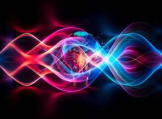Poster - A luminous light bulb emits vibrant, colorful energy with intricate circuitry designs, set against a stark dark background, representing innovation and bright ideas.