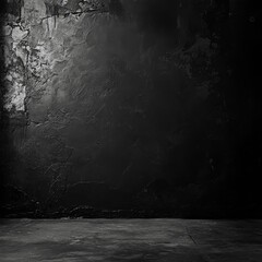 Poster - Gritty Monochrome: A stark, high-contrast image of a rough, dark wall and floor, textured with plaster and subtle light play.